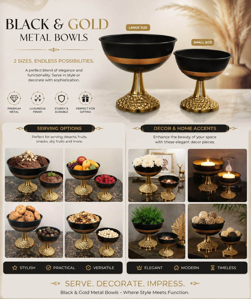Luxury Metal Decorative Bowl Black & Gold Finish | White & Gold Finish |Premium Centerpiece Bowl for Home Decor | Size 25x25x25cm